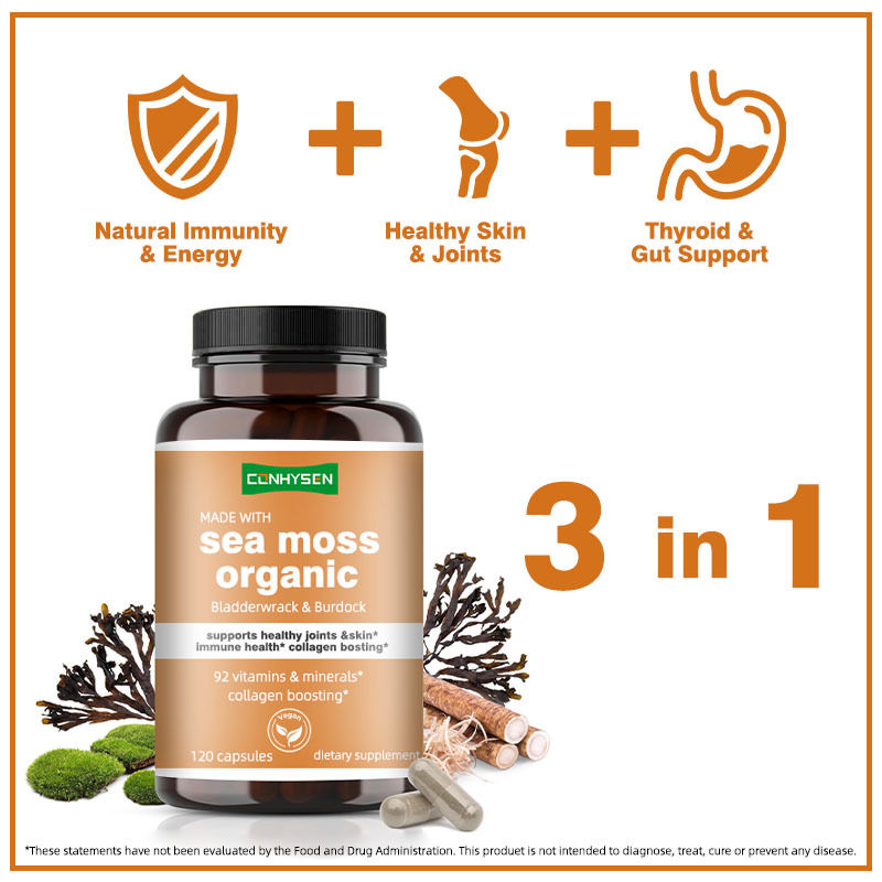 オーガニックシーモス（海藻）カプセル、ブラダーラックとゴボウ配合、健康な関節と肌をサポート